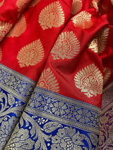 Red with Blue & Purple Banarasi saree in banarasi silk with big buttas with 6.5" satin border — Kaash Collection