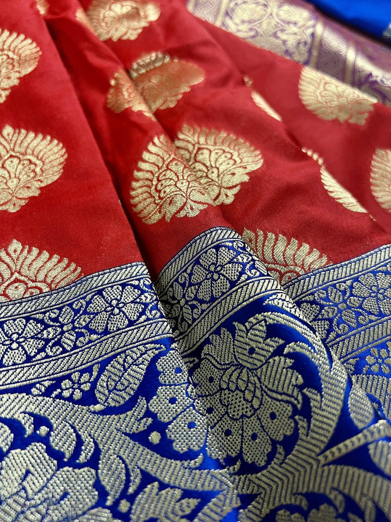 Red with Blue & Purple Banarasi saree in banarasi silk with big buttas with 6.5" satin border — Kaash Collection