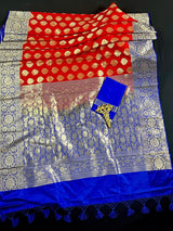 Red with Blue & Purple Banarasi saree in banarasi silk with big buttas with 6.5" satin border — Kaash Collection