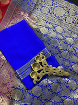 Red with Blue & Purple Banarasi saree in banarasi silk with big buttas with 6.5" satin border — Kaash Collection