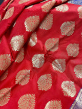 Red with Blue & Purple Banarasi saree in banarasi silk with big buttas with 6.5" satin border — Kaash Collection