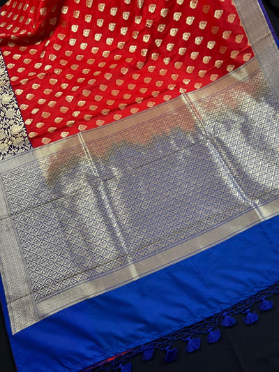 Red Banarasi with Blue Pallu & Purple Border saree in banarasi silk with blue pallu & purple border with double floral — Kaash Collection