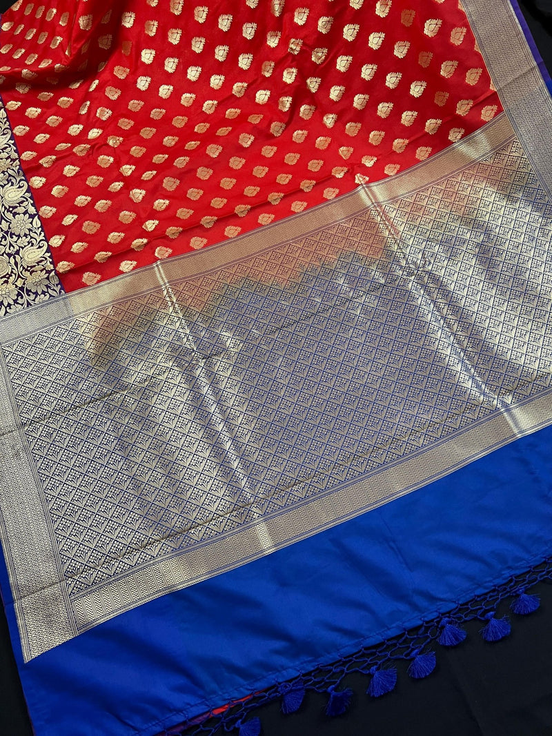 Red Banarasi with Blue Pallu & Purple Border saree in banarasi silk with blue pallu & purple border with double floral — Kaash Collection