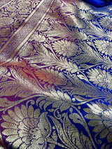 Red with Blue & Purple Banarasi saree in banarasi silk with big buttas with 6.5" satin border — Kaash Collection