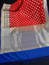 Red with Blue Pallu and Purple Border Traditional Banarasi Handloom Saree | Floral Design | Banarasi Silk Saree | Kaash Collection - Kaash