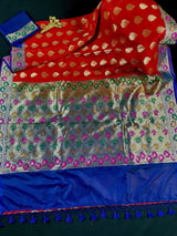 Red with Blue Banarasi saree in banarasi silk with meenakari work with small refined borders — Kaash Collection