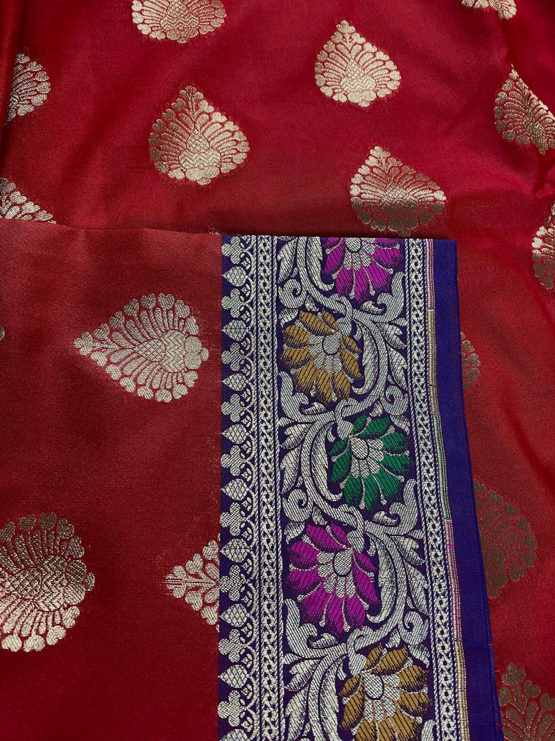Red with Blue Banarasi saree in banarasi silk with meenakari work with small refined borders — Kaash Collection