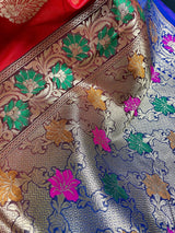 Red with Blue Banarasi saree in banarasi silk with meenakari work with small refined borders — Kaash Collection