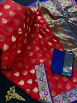 Red with Blue Banarasi saree in banarasi silk with meenakari work with small refined borders — Kaash Collection