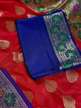 Red with Blue Banarasi saree in banarasi silk with meenakari work with small refined borders — Kaash Collection