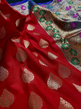 Red with Blue Banarasi saree in banarasi silk with meenakari work with small refined borders — Kaash Collection