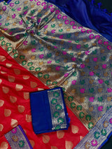 Red with Blue Banarasi saree in banarasi silk with meenakari work with small refined borders — Kaash Collection