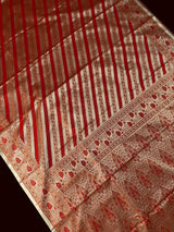 Red with Copper Stripes Banarasi saree in banarasi mashru tanchoi with mashru tanchoi with jamawar border & pallu — Kaash Collection