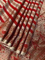 Red with Copper Stripes Banarasi saree in banarasi mashru tanchoi with mashru tanchoi with jamawar border & pallu — Kaash Collection