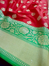 Red with Green Color combination Traditional Banarasi Handloom Saree in Banarasi Silk - Kaash