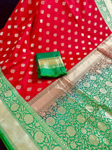 Red with Green Color combination Traditional Banarasi Handloom Saree in Banarasi Silk - Kaash