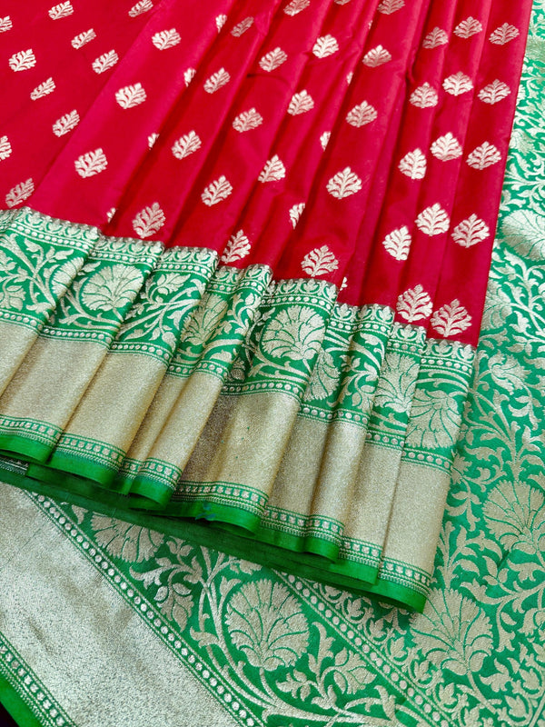 Red with Green Color combination Traditional Banarasi Handloom Saree in Banarasi Silk | Soft Silk Saree | Satin Borders - Kaash