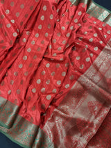 Red Semi-Tussar with Green Borders saree in semi-tussar silk with antique buttis with green borders & grand pallu — Kaash Collection