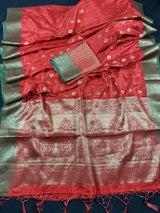 Red Semi-Tussar with Green Borders saree in semi-tussar silk with antique buttis with green borders & grand pallu — Kaash Collection