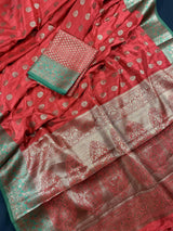 Red Semi-Tussar with Green Borders saree in semi-tussar silk with antique buttis with green borders & grand pallu — Kaash Collection