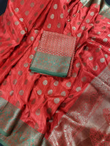Red Semi-Tussar with Green Borders saree in semi-tussar silk with antique buttis with green borders & grand pallu — Kaash Collection
