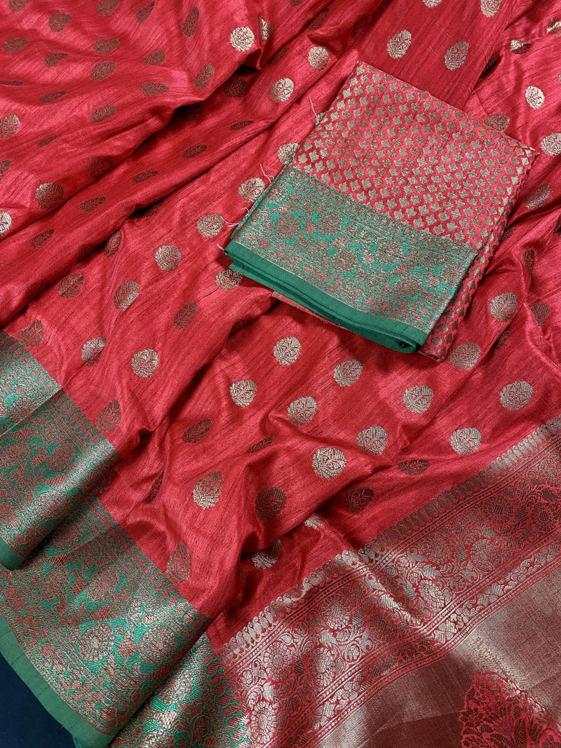 Red Semi-Tussar with Green Borders saree in semi-tussar silk with antique buttis with green borders & grand pallu — Kaash Collection