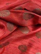 Red Semi-Tussar with Green Borders saree in semi-tussar silk with antique buttis with green borders & grand pallu — Kaash Collection