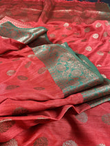 Red Semi-Tussar with Green Borders saree in semi-tussar silk with antique buttis with green borders & grand pallu — Kaash Collection