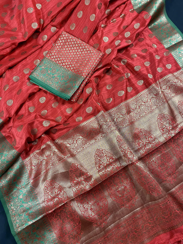 Red with Green Combination Semi-Tussar Silk Saree With Antique Zari Weaving Work | | Kaash Collection - Kaash