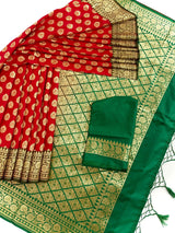 Red with Green combination Traditional Banarasi Handloom Saree in Banarasi Silk - Kaash