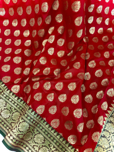 Red with Green combination Traditional Banarasi Handloom Saree in Banarasi Silk - Kaash