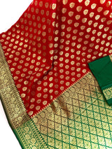 Red with Green combination Traditional Banarasi Handloom Saree in Banarasi Silk - Kaash