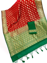 Red with Green combination Traditional Banarasi Handloom Saree in Banarasi Silk - Kaash