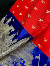 Red with Royal Blue Banarasi saree in handloom banarasi silk with ganga ghat birds motifs with 12" border — Kaash Collection
