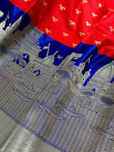 Red with Royal Blue Banarasi saree in handloom banarasi silk with ganga ghat birds motifs with 12" border — Kaash Collection