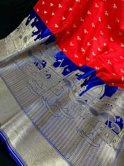 Red with Royal Blue Banarasi saree in handloom banarasi silk with ganga ghat birds motifs with 12" border — Kaash Collection
