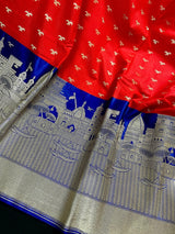 Red with Royal Blue Banarasi saree in handloom banarasi silk with ganga ghat birds motifs with 12" border — Kaash Collection