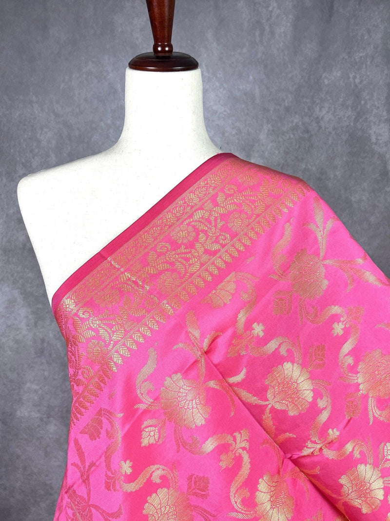 Rose Pink Banarasi Designer Floral dupatta in banarasi silk (non-pure) with floral jaal with zari weaving — Kaash Collection
