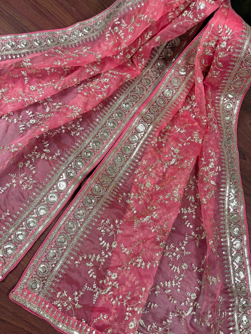 Rose Pink soft organza silk dupatta with embroidery, sequin & zari — Kaash Collection