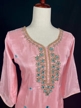 Rose Pink readymade salwar kameez for women — pure chinon silk kameez, palazzo bottom, chiffon dupatta — Kaash Collection