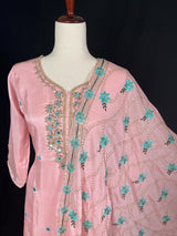 Rose Pink readymade salwar kameez for women — pure chinon silk kameez, palazzo bottom, chiffon dupatta — Kaash Collection