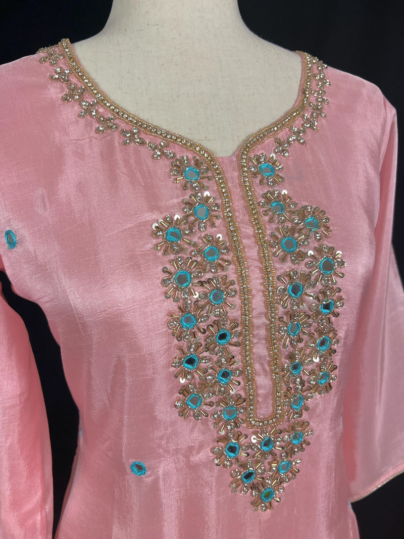 Rose Pink Color Salwar Kameez with Dupatta - Embroidery, Mirror and Stone Work - Handwork 3pcs Suit for Women - Designer Dupatta Suit - Kaash