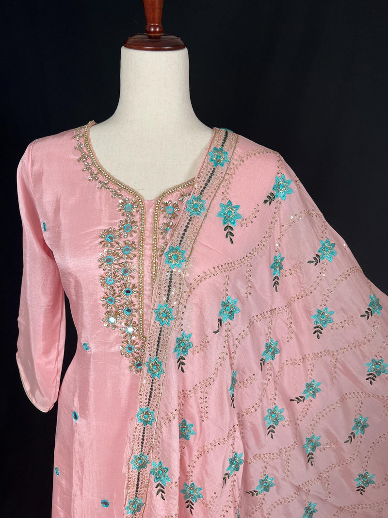 Rose Pink Color Salwar Kameez with Dupatta - Embroidery, Mirror and Stone Work - Handwork 3pcs Suit for Women - Designer Dupatta Suit - Kaash