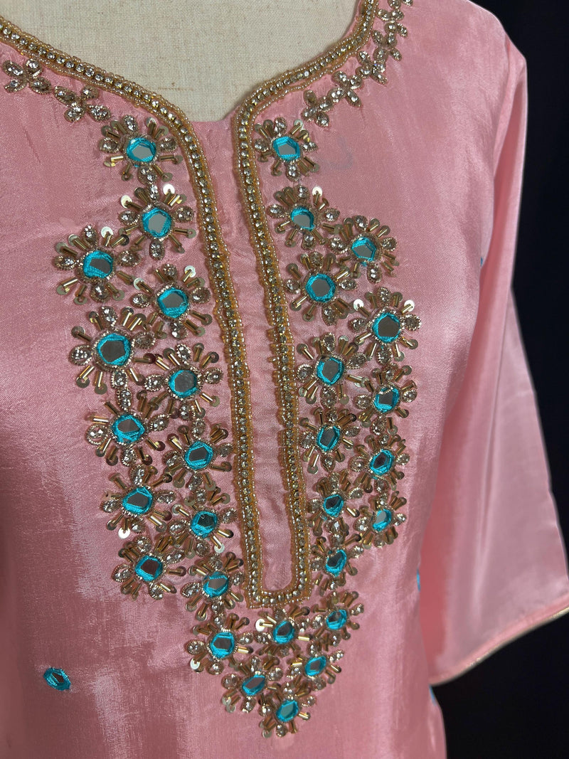Rose Pink Color Salwar Kameez with Dupatta - Embroidery, Mirror and Stone Work - Handwork 3pcs Suit for Women - Designer Dupatta Suit - Kaash