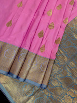 Silk Mark Certified Rose Pink with English Grey Border saree in pure katan silk with contrasting english grey border & pallu — Kaash Collection