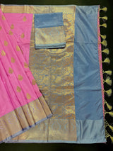 Silk Mark Certified Rose Pink with English Grey Border saree in pure katan silk with contrasting english grey border & pallu — Kaash Collection