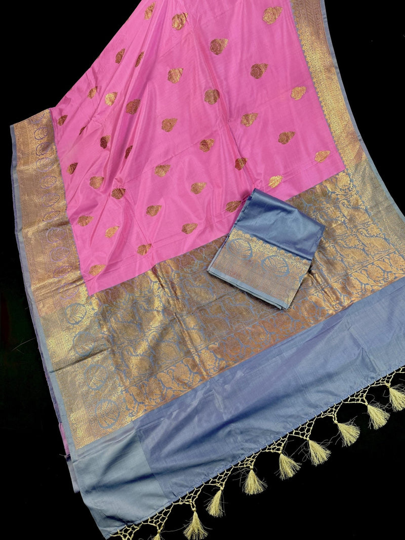 Silk Mark Certified Rose Pink with English Grey Border saree in pure katan silk with contrasting english grey border & pallu — Kaash Collection