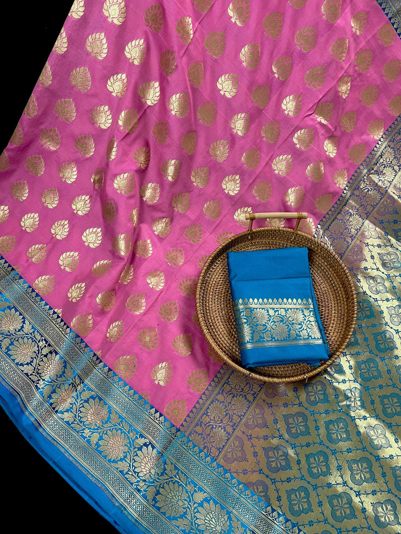 Rose Pink with Hot Sky Blue Traditional Banarasi Handloom Saree - Banarasi Silk Saree - Satin Patta Border - Kaash
