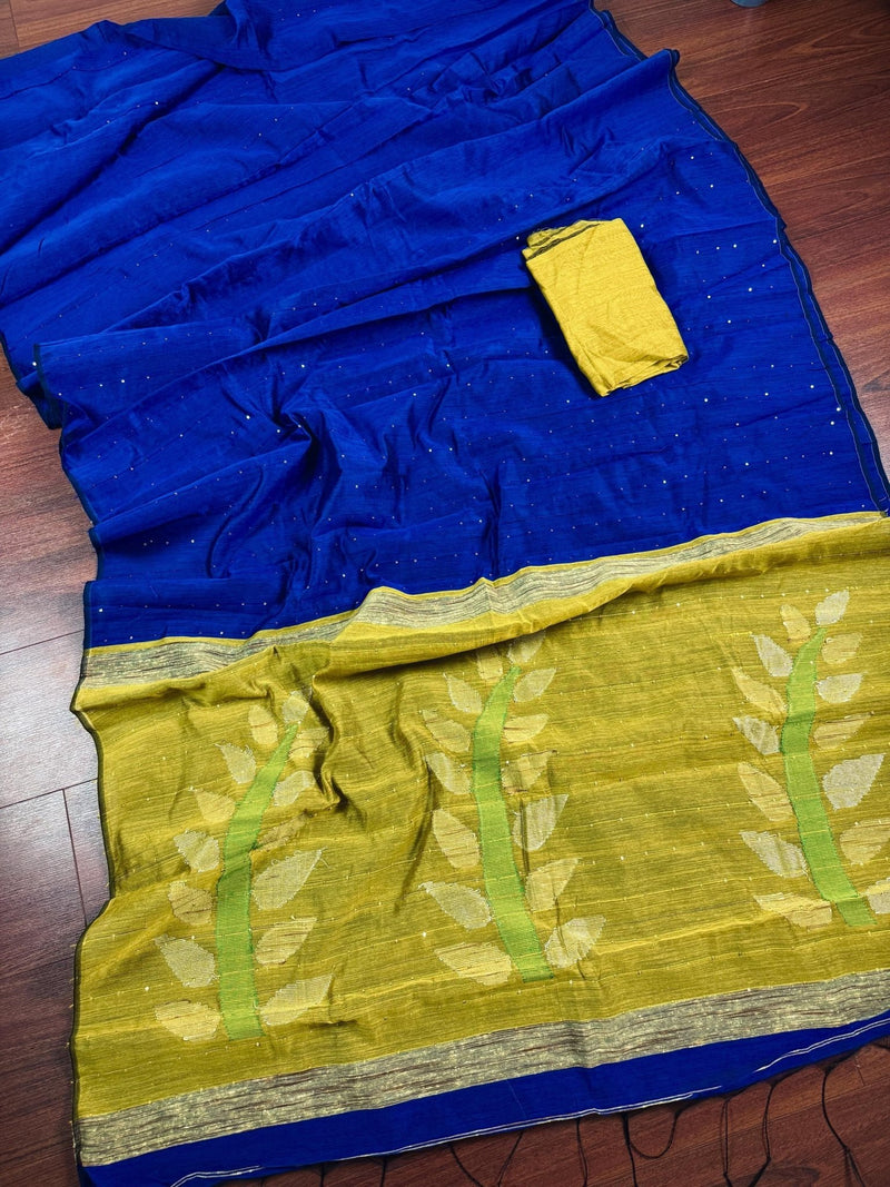 Royal Blue & Mehendi Green Sequin saree in cotton silk with tiny sequin & thread work with gicha panels — Kaash Collection