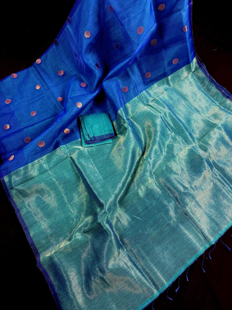 Royal Blue & Turquoise Bengali Matka Muslin saree in bengali matka muslin with half-and-half bengali handweaving — Kaash Collection